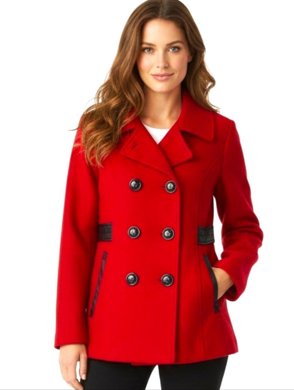 BCBG Red Double Breasted Pea Coat Jacket Black Faux Leather Trim Pockets Size LG